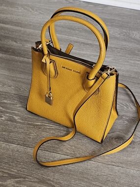 Michael Kors Mercer Medium Pebble Leather Crossbody Bag in Marigold Yellow